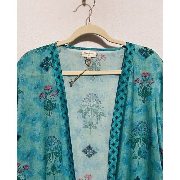 World Market Top Womens One Size Aqua Blue Floral Kimono Lightweight Beachy Boho - Picture 2 of 8